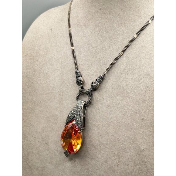 Sterling Silver Marcasite Pendant Necklace Cognac Glass Stone Removable Pendant - Picture 5 of 14